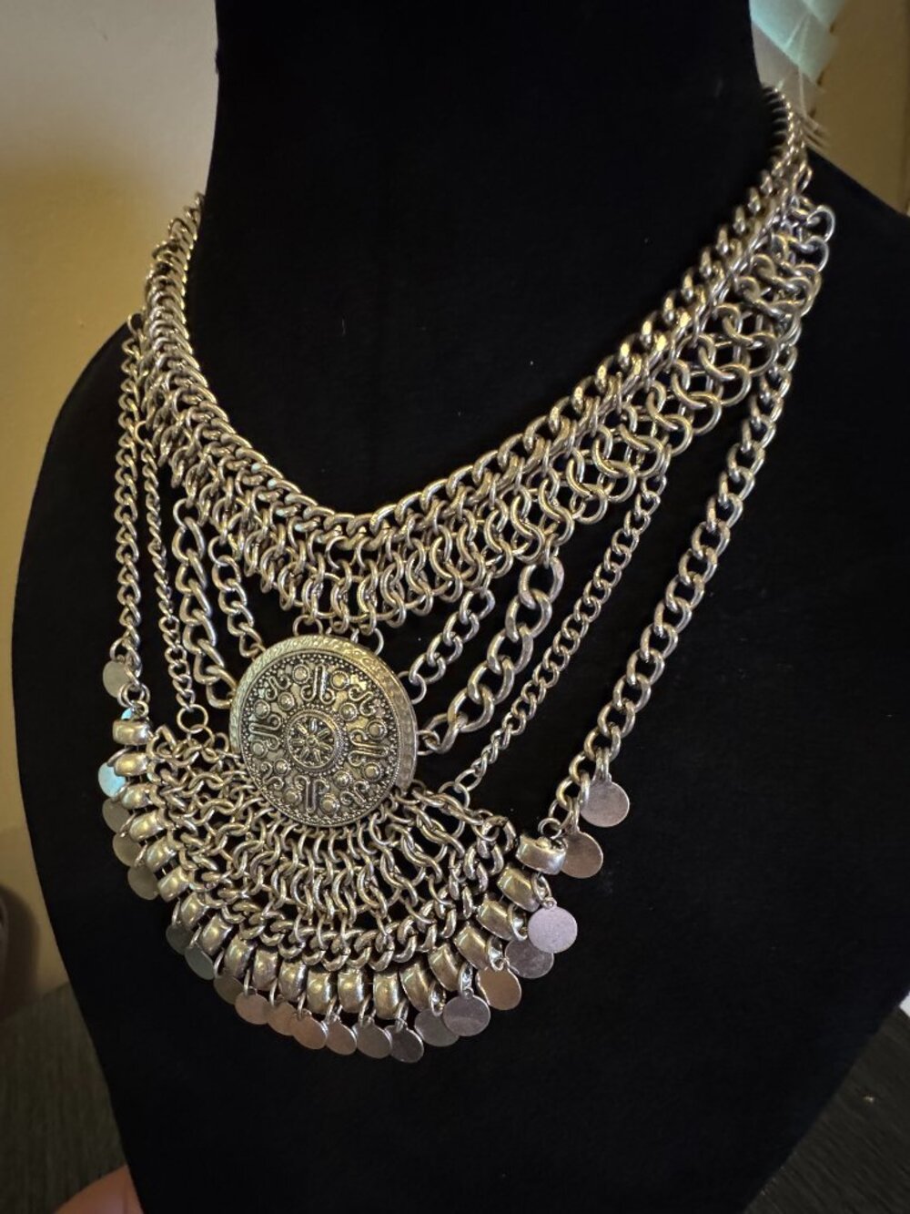 Boho Layered Statement Necklace – Silver Tone Coin & Chain Bib Necklace – Adjust - Picture 5 of 7